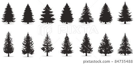 Vintage trees and forest silhouettes set in monochrome style. Set. Silhouette of pine trees. Vintage trees and forest silhouettes set in monochrome style. Set. Silhouette of pine trees. 84735488