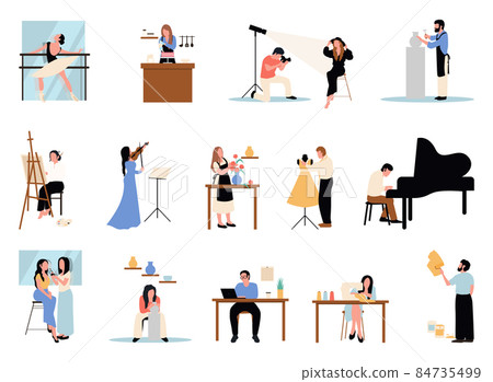 Collection of male and female art, handicraft and creative workers or professionals. Creative occupation set. Designer and artist at work, dancer Collection of male and female art, handicraft and creative workers or professionals. Creative occupation set. Designer and artist at work, dancer 84735499