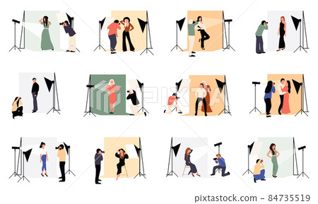 Collection of male and female photographers working at photographic studio. Stylish models outdoor photoset isolated design elements on white background. 84735519
