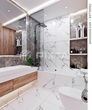 modern bathroom design with tiles marble and wood 84736062