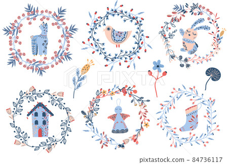 Cozy Christmas wreath of flowers and leaves. Botanical wildflowers wreath with lamas, bird, rabbit, Angel, Houses. Christmas card in Scandinavian style. Winter decoration. Vector illustration 84736117