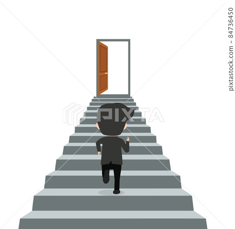 Businessmen are running up the staircase to the door go to success goal 84736450