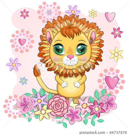 Cartoon lion with expressive eyes with flowers. Wild animals, character, childish cute style Cartoon lion with expressive eyes with flowers. Wild animals, character, childish cute style 84737870