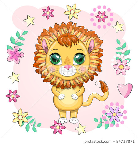 Cartoon lion with expressive eyes with flowers. Wild animals, character, childish cute style Cartoon lion with expressive eyes with flowers. Wild animals, character, childish cute style 84737871