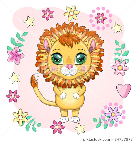 Cartoon lion with expressive eyes with flowers. Wild animals, character, childish cute style Cartoon lion with expressive eyes with flowers. Wild animals, character, childish cute style 84737872