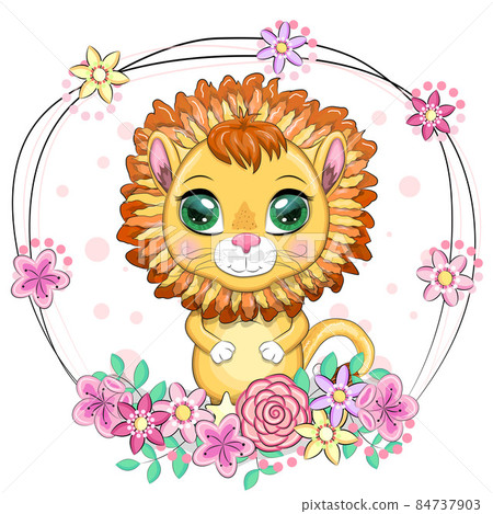 Cartoon lion with expressive eyes with flowers. Wild animals, character, childish cute style 84737903