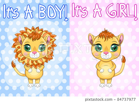 baby shower invitation for boy and girl.Blue and pink chevron background with Cute cartoon lion and lioness with big eyes in a bright style of children baby shower invitation for boy and girl.Blue and pink chevron background with Cute cartoon lion and lioness with big eyes in a bright style of children 84737977