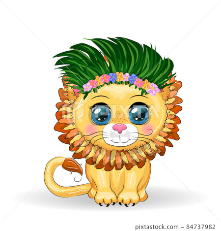 Cute little lion with wreath of hawaii flowers. Cartoon illustration. 84737982