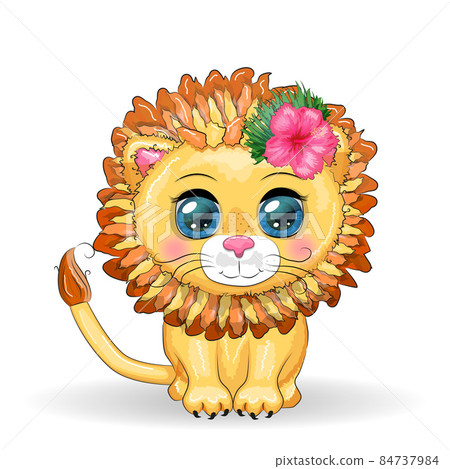 Cute little lion with wreath of hawaii flowers. Cartoon illustration. 84737984