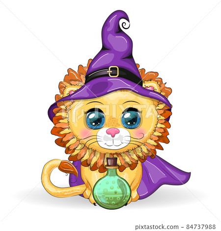 Cute cartoon leo with beautiful eyes, orange in a purple witch's hat and cloak Cute cartoon leo with beautiful eyes, orange in a purple witch's hat and cloak 84737988