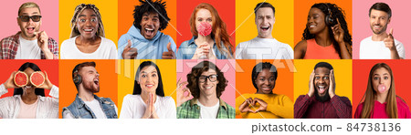 Collage of positive emotions of young african american and european men and women on colorful backgrounds Collage of positive emotions of young african american and european men and women on colorful backgrounds 84738136