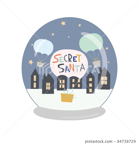 Lettering Secret Santa, Snow ball, delivery of gift by parachute. Concept vector illustration Lettering Secret Santa, Snow ball, delivery of gift by parachute. Concept vector illustration 84738729