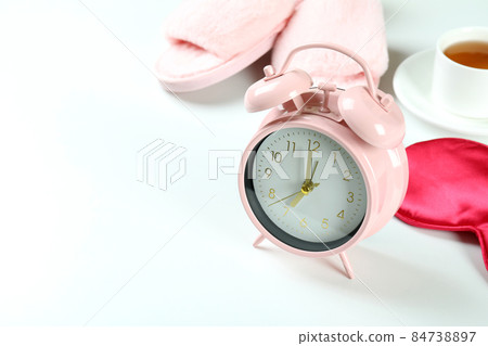 Female sleep routine accessories on white background Female sleep routine accessories on white background 84738897