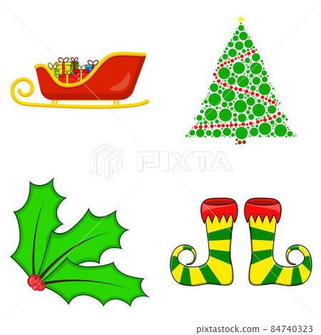Christmas symbols collection. Big set of xmas icons. Seasonal cartoon illustrations isolated on white. Holiday ornament and decorations. gift,sleigh, 84740323