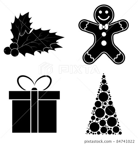 Christmas silhouette icon set. Collection of black december holiday symbol. Black and white illustration isolated on white background. Christmas silhouette icon set. Collection of black december holiday symbol. Black and white illustration isolated on white background. 84741022