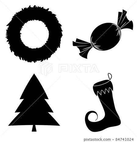 Christmas silhouette icon set. Collection of black december holiday symbol. Black and white illustration isolated on white background. Christmas silhouette icon set. Collection of black december holiday symbol. Black and white illustration isolated on white background. 84741024