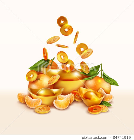 Realistic Detailed 3d Yuan Bao Chinese Gold, Falling Coins and Citrus Fruit Set. Vector illustration of Traditional Asian Golden Ingot Yuanbao Realistic Detailed 3d Yuan Bao Chinese Gold, Falling Coins and Citrus Fruit Set. Vector illustration of Traditional Asian Golden Ingot Yuanbao 84741919