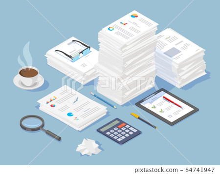 Large stack of complex paper documents, magnifier calculator, coffee cup, stationery. Large stack of complex paper documents, magnifier calculator, coffee cup, stationery. 84741947