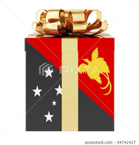 Gift box with Papuan New Guinean flag. Holiday in Papua New Guinea, concept. 3D rendering Gift box with Papuan New Guinean flag. Holiday in Papua New Guinea, concept. 3D rendering 84742427
