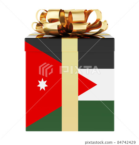 Gift box with Jordanian flag. Holiday in Jordan, concept. 3D rendering Gift box with Jordanian flag. Holiday in Jordan, concept. 3D rendering 84742429