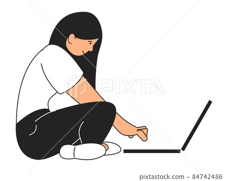 Young woman sitting on floor with laptop. Girl working on computer Young woman sitting on floor with laptop. Girl working on computer 84742486