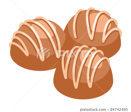Round truffle candy. Chocolate bonbon with creamy stripes in cartoon style 84742495