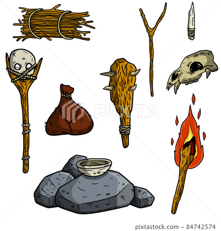 Set of items of primitive man and hunter. Weapons of caveman. 84742574