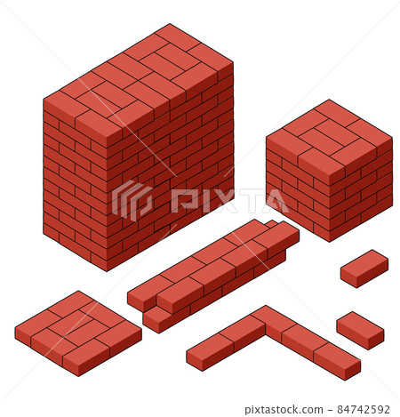 Red brick wall. Elements of the fence of different lengths. 84742592