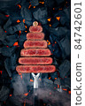 New year tree made from pieces of chopped grilled beef 84742601