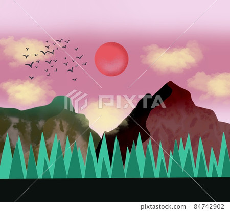 Beautiful scenic with sun, birds and Firs Silhouette. Beautiful scenic with sun, birds and Firs Silhouette. 84742902