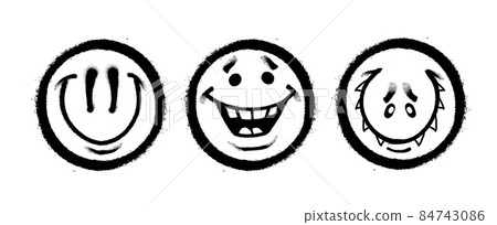 Three graffiti emoticons. Smiling face painted spray paint. Vector illustration on white background 84743086