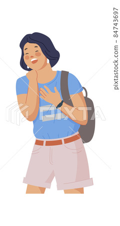 Student girl laughing. Giggle cheer people, teenage joking, stand adult woman, cartoon funny character, loud joke, person lol, vector illustration 84743697