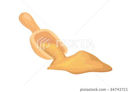 Spoonful of cane sugar. Wood spoon with brown granulated product, cartoon vector flat icon illustration Spoonful of cane sugar. Wood spoon with brown granulated product, cartoon vector flat icon illustration 84743721