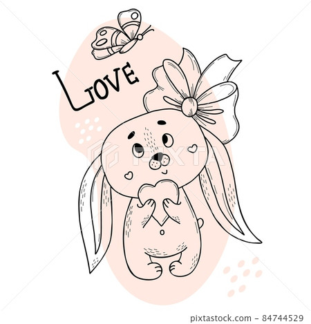 Cute bunny girl with a huge bow and a heart. Vector illustration. Postcard in the style of hand drawn linear doodles. Funny animal for design and decoration, greeting cards and valentines. Cute bunny girl with a huge bow and a heart. Vector illustration. Postcard in the style of hand drawn linear doodles. Funny animal for design and decoration, greeting cards and valentines. 84744529