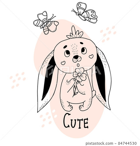 Cute bunny with haircut with flower in its paws and flying butterflies. Vector illustration. Postcard in style of hand drawn linear doodles. Funny animal for design and decoration Cute bunny with haircut with flower in its paws and flying butterflies. Vector illustration. Postcard in style of hand drawn linear doodles. Funny animal for design and decoration 84744530