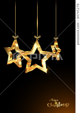 Christmas balls in 3D stars shape, Christmas luxury holiday banner with set gold star, Merry Christmas and Happy New Year greeting card. Golden luxury Vector illustration isolated on black background Christmas balls in 3D stars shape, Christmas luxury holiday banner with set gold star, Merry Christmas and Happy New Year greeting card. Golden luxury Vector illustration isolated on black background 84745279