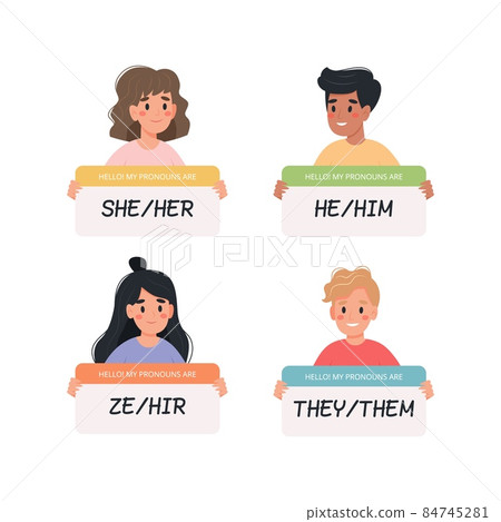 Gender pronouns - people holding signs with different pronouns, male, female and non-binary characters. Vector illustration in flat style 84745281