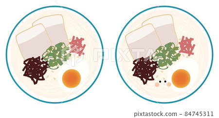 Tonkotsu ramen in white and blue bowls with and without face 84745311