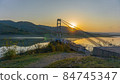 Beautiful sunset over the longest cable-stayed bridge in the Balkans 84745347