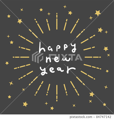 Cute handwritten "happy new year" characters and sun-like frame: white characters / black background Cute handwritten "happy new year" characters and sun-like frame: white characters / black background 84747142