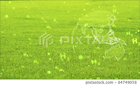 global digital and south east asia with green H2 text particles flying on green grass background 84749058