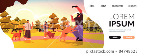 mix race people walking with dogs owners and cute domestic animals having fun friendship with pets concept mix race people walking with dogs owners and cute domestic animals having fun friendship with pets concept 84749525