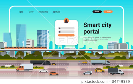 smart city portal website landing page template cityscape background horizontal copy space 84749589