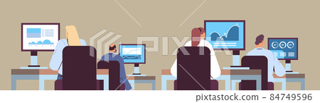 mix race traders stock market brokers analyzing charts or making presentation on computer monitors at workplace 84749596