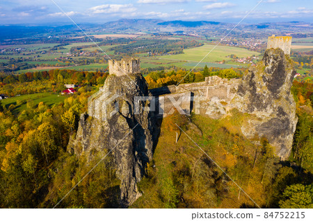 Aerial view of ruined Trosky Castle in Bohemian Paradise 84752215