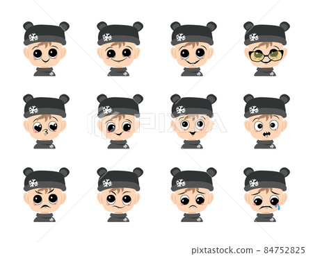 Set of baby avatar with big eyes and wide smile and different emotions in bear hat with snowflake. Cute child with joyful, sad or angry face in winter headdress. Head of adorable kid Set of baby avatar with big eyes and wide smile and different emotions in bear hat with snowflake. Cute child with joyful, sad or angry face in winter headdress. Head of adorable kid 84752825