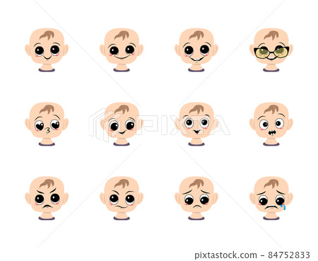 Set of baby avatar with big eyes and wide smile and different emotions. Head of toddler, cute child with joyful, sad or angry face Set of baby avatar with big eyes and wide smile and different emotions. Head of toddler, cute child with joyful, sad or angry face 84752833