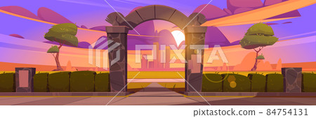 Sunset landscape with stone arch entrance to park 84754131