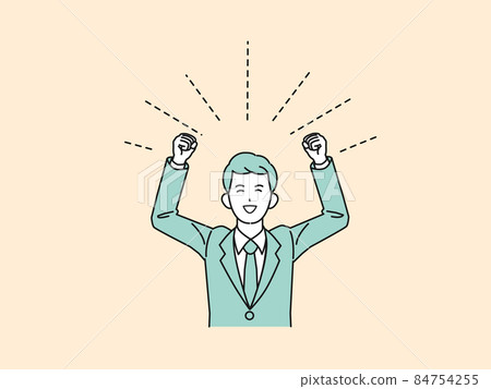 Rejoice, delighted office worker, businessman, man in suit, guts pose, smile, delight, achievement, energetic 84754255