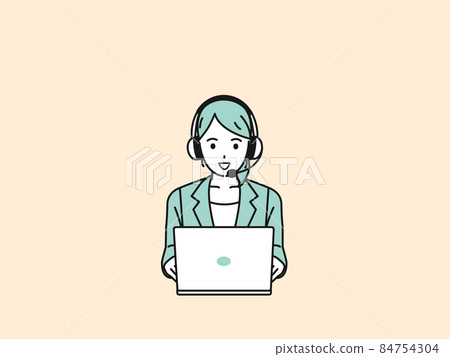 顧客支持操作員呼叫中心女性計算機在衣服遠程工作信息 84754304